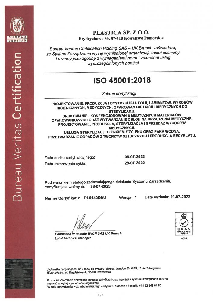 Plastica otrzymała pozytywną rekomendację na zgodność z PN-ISO 45001:2018
